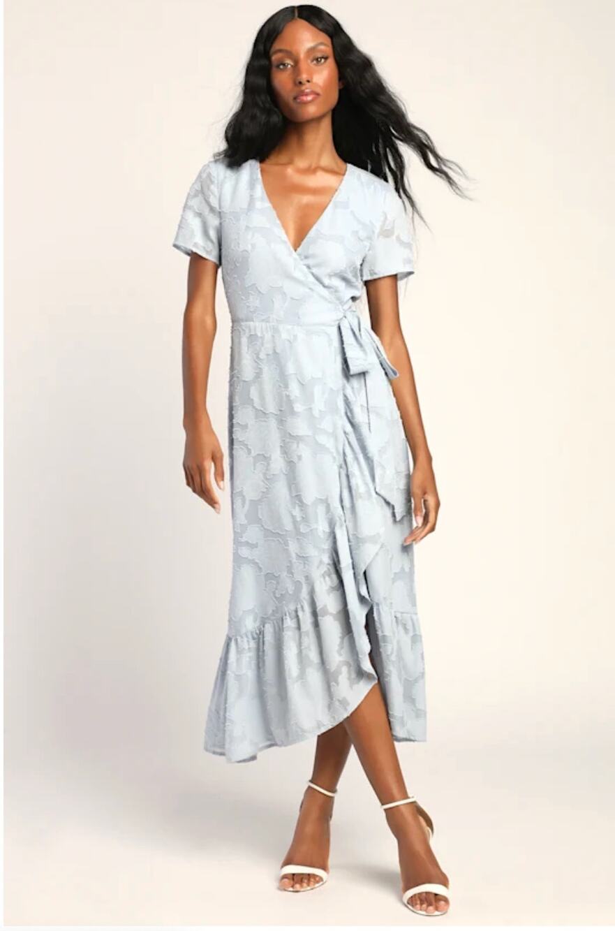 LULU'S Blissfully Light Blue Jacquard Short Sleeve Wrap Midi Dress